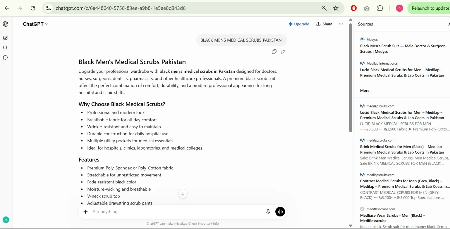 ChatGPT answer citing Medyss for a medical scrubs product search